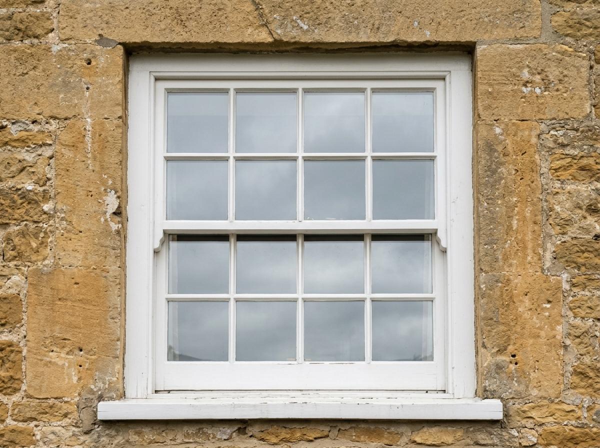 White sash window set in a Cotswold stone wall