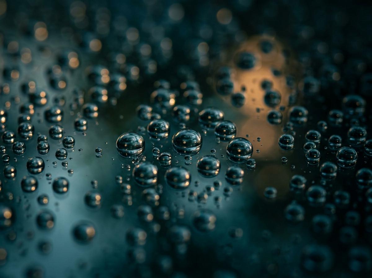 Pure water droplets beading on clean glass