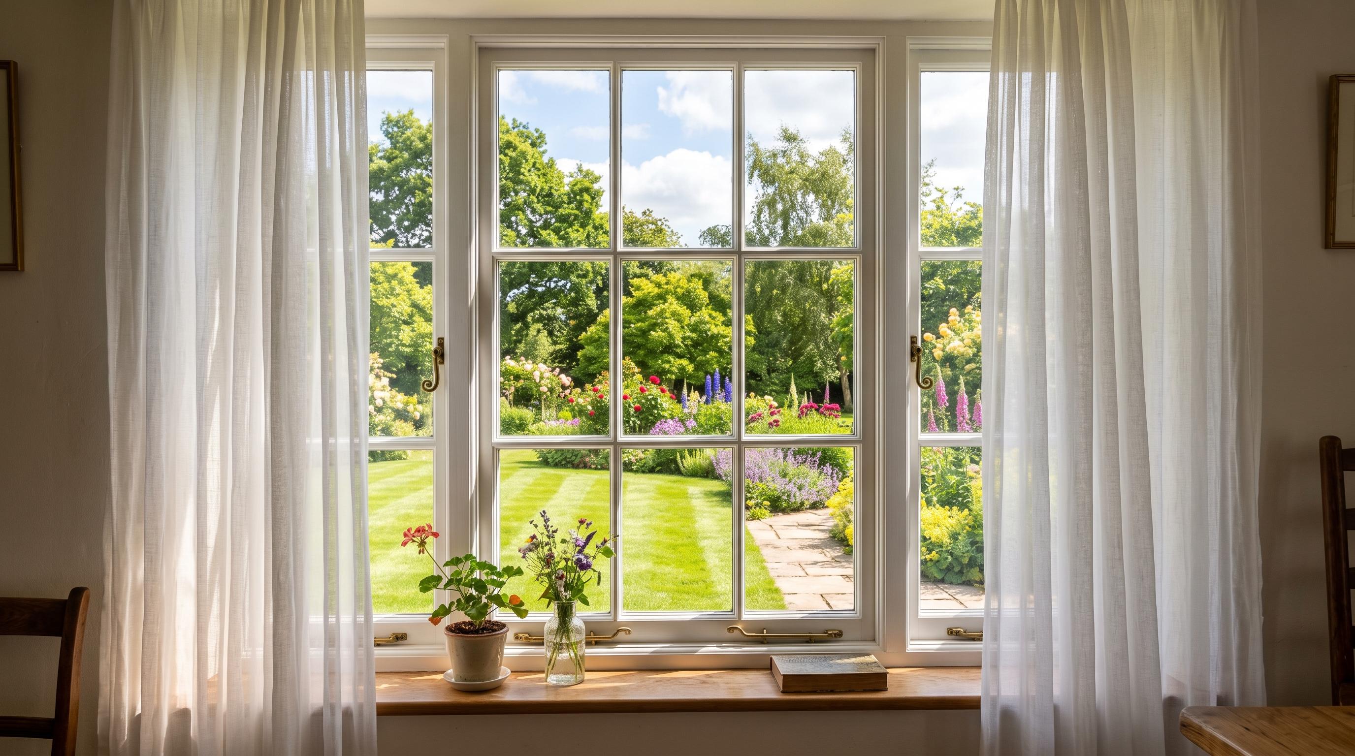 Sunlit garden seen through a spotless casement window with sheer curtains