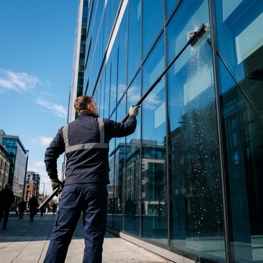 Raincom operative cleaning a tall glass facade with a water-fed pole