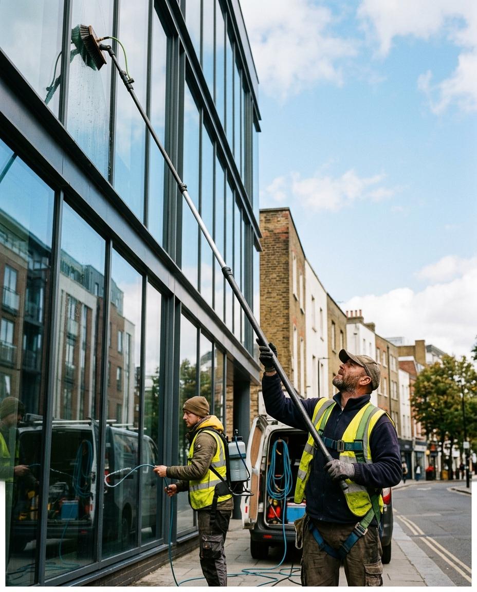 Window cleaners in hi-vis using water-fed poles on a commercial building