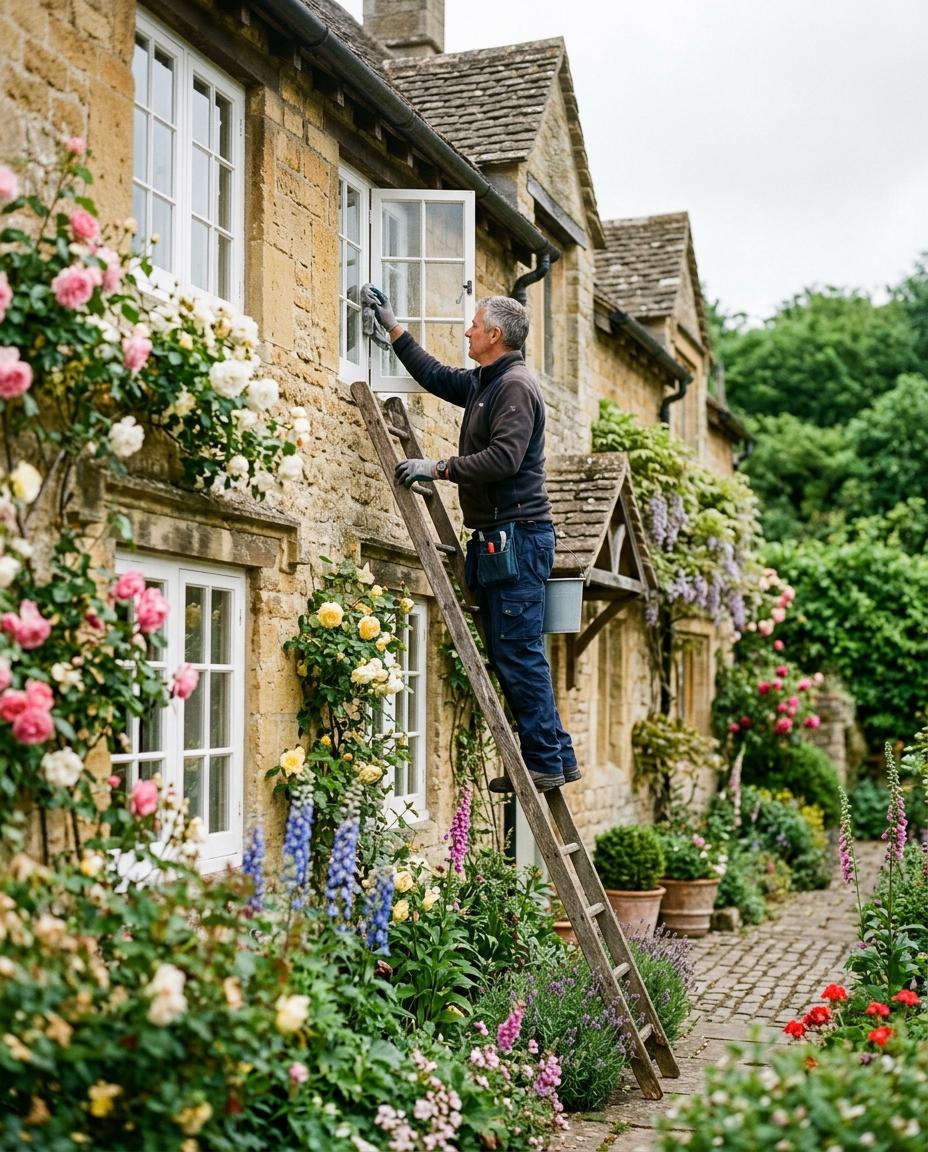 Window cleaner working at a Cotswold stone cottage