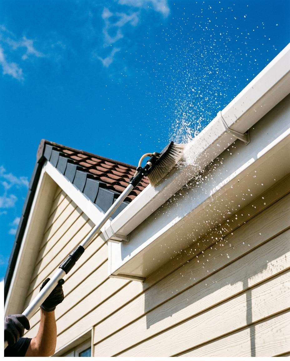 Telescopic pole rinsing a white gutter and fascia