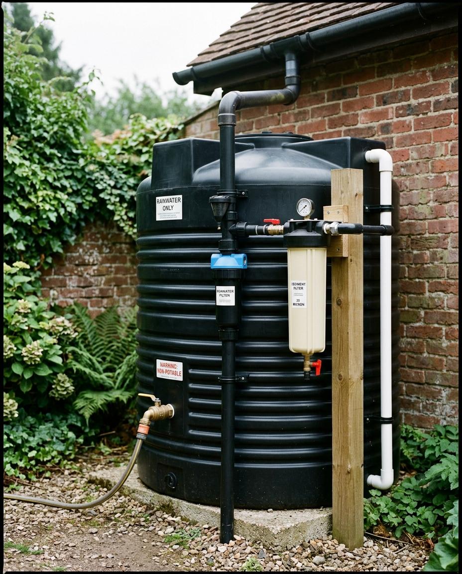 Rainwater harvesting tank with filtration pipework
