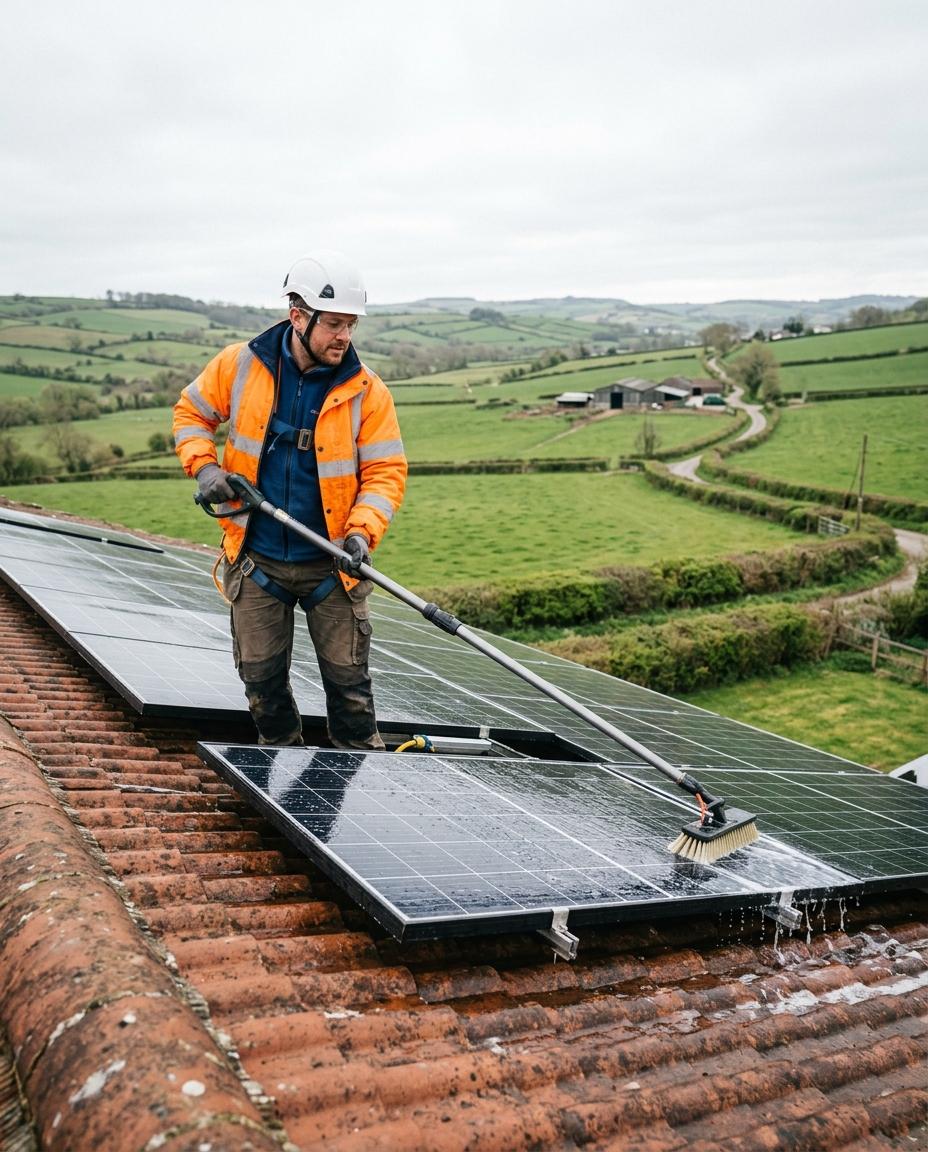 Technician cleaning a rooftop solar array