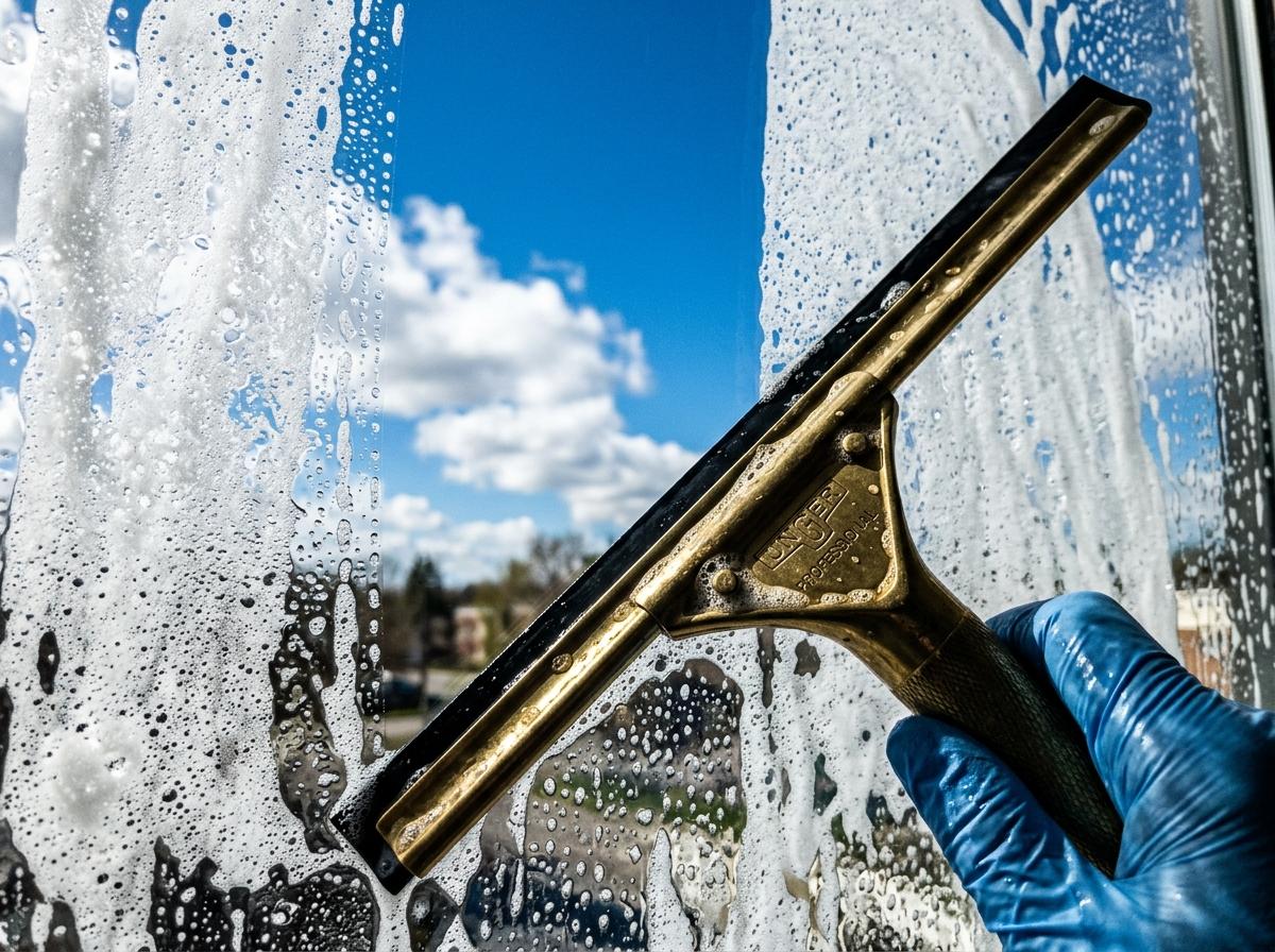 Squeegee pulling a clean stripe through suds on glass